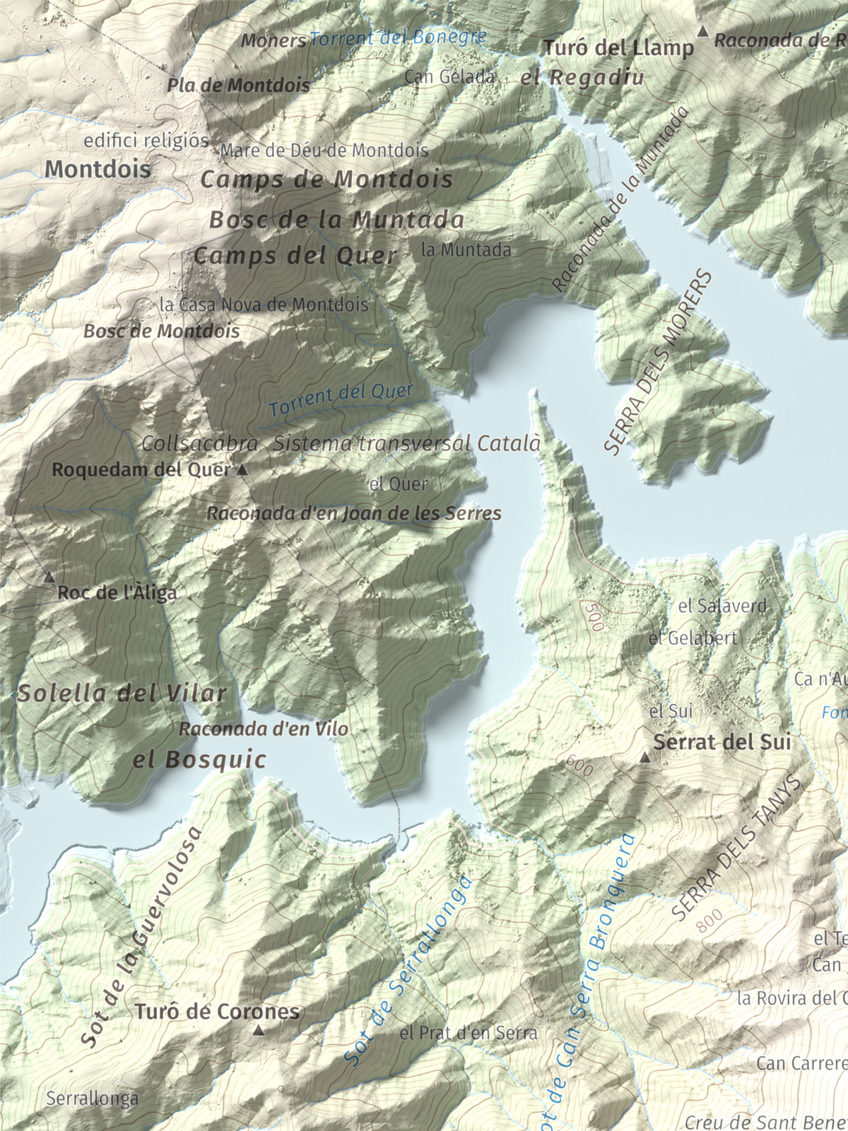 Mapa de relieve de Sant Benet, 1150 m, Selva, lámina 100 Cims de Trobart. Detalle de la zona superior izquierda. 30 × 40 cm.