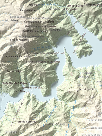 Mapa de relieve de Sant Benet, 1150 m, Selva, lámina 100 Cims de Trobart. Detalle de la zona superior izquierda. 30 × 40 cm.