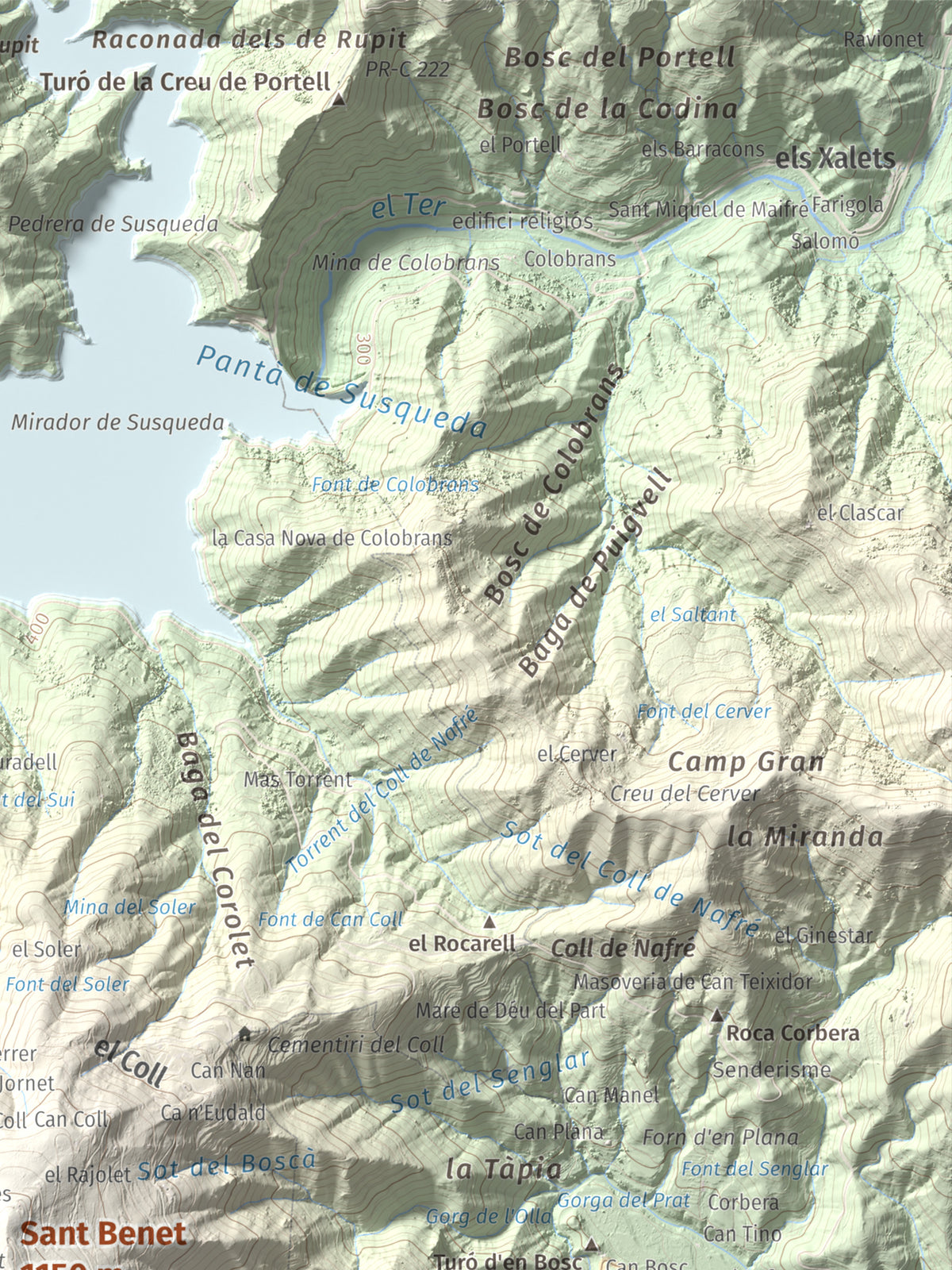 Mapa de relieve de Sant Benet, 1150 m, Selva, lámina 100 Cims de Trobart. Detalle de la zona superior derecha. 30 × 40 cm.