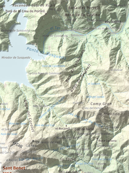 Mapa de relieve de Sant Benet, 1150 m, Selva, lámina 100 Cims de Trobart. Detalle de la zona superior derecha. 30 × 40 cm.