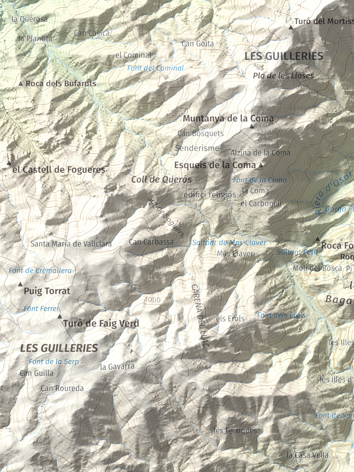 Mapa de relieve de Sant Benet, 1150 m, Selva, lámina 100 Cims de Trobart. Detalle de la zona inferior izquierda. 30 × 40 cm.