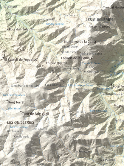Mapa de relieve de Sant Benet, 1150 m, Selva, lámina 100 Cims de Trobart. Detalle de la zona inferior izquierda. 30 × 40 cm.