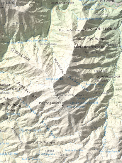 Mapa de relieve de Sant Benet, 1150 m, Selva, lámina 100 Cims de Trobart. Detalle de la zona inferior derecha. 30 × 40 cm.
