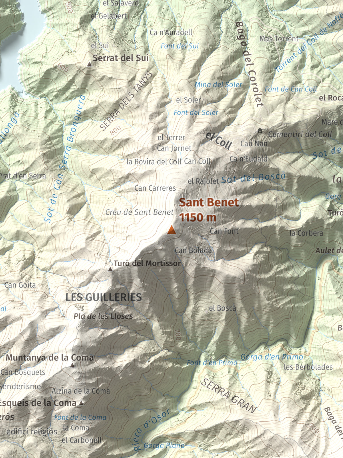 Mapa de relieve de Sant Benet, 1150 m, Selva, lámina 100 Cims de Trobart. Detalle de la zona central. 30 × 40 cm.