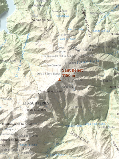 Mapa de relieve de Sant Benet, 1150 m, Selva, lámina 100 Cims de Trobart. Detalle de la zona central. 30 × 40 cm.