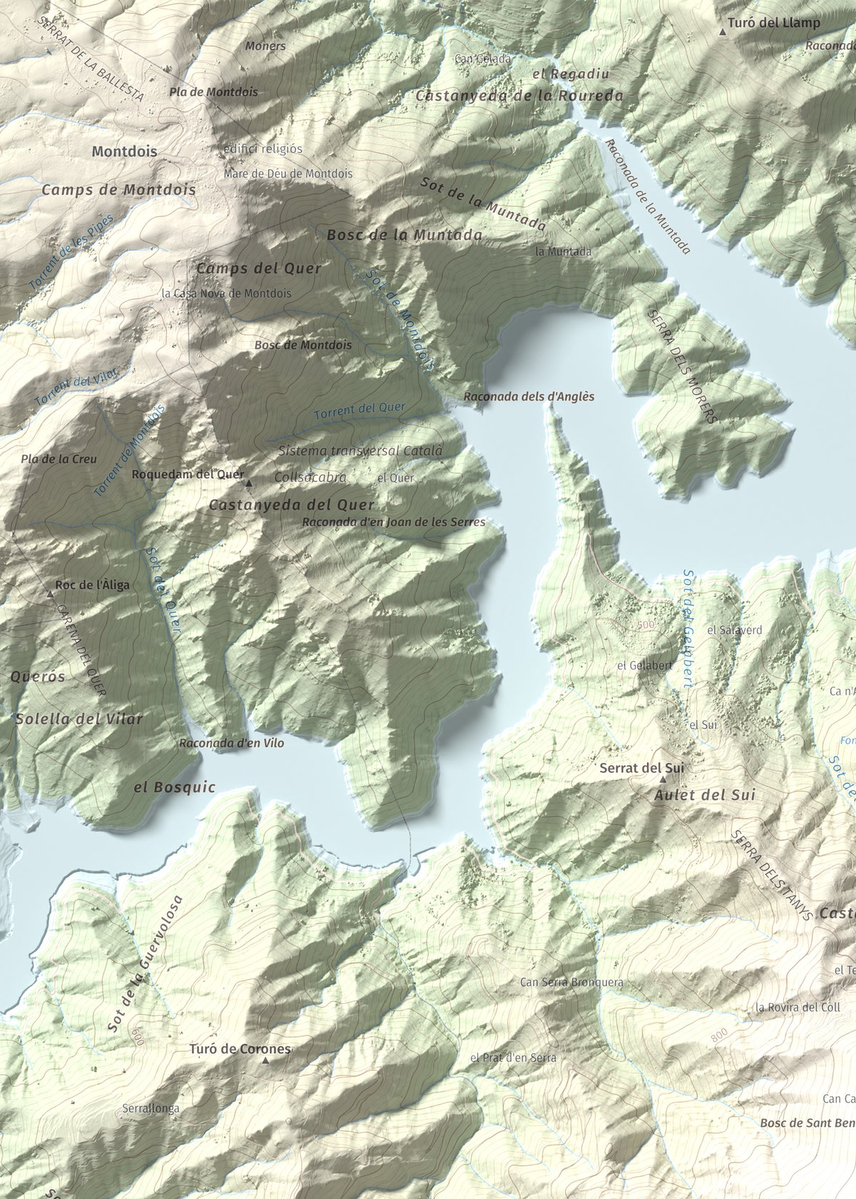 Mapa de relieve de Sant Benet, 1150 m, Selva, lámina 100 Cims de Trobart. Detalle de la zona superior izquierda. 50 × 70 cm.