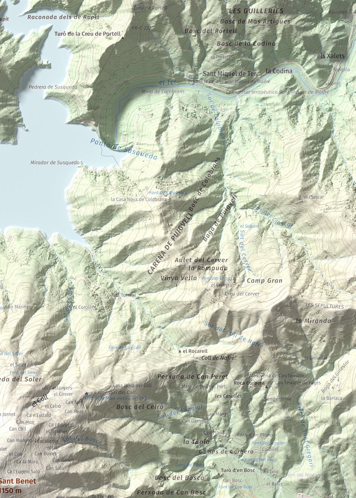 Mapa de relieve de Sant Benet, 1150 m, Selva, lámina 100 Cims de Trobart. Detalle de la zona superior derecha. 50 × 70 cm.