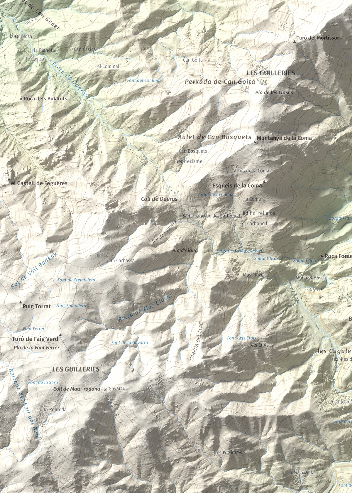 Mapa de relieve de Sant Benet, 1150 m, Selva, lámina 100 Cims de Trobart. Detalle de la zona inferior izquierda. 50 × 70 cm.