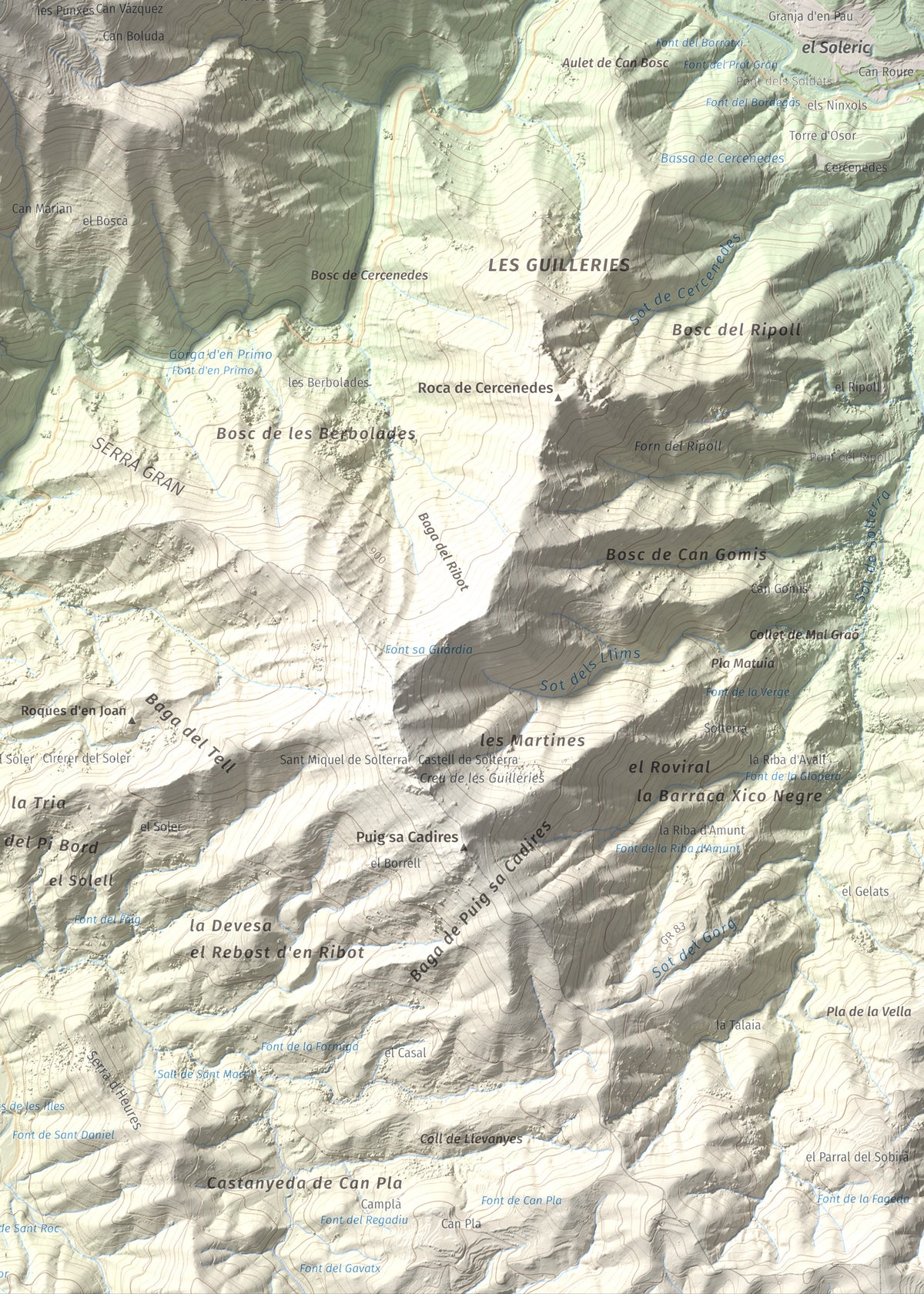 Mapa de relieve de Sant Benet, 1150 m, Selva, lámina 100 Cims de Trobart. Detalle de la zona inferior derecha. 50 × 70 cm.