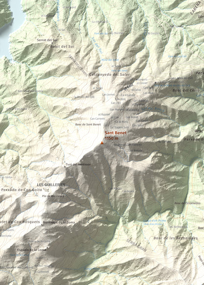 Mapa de relieve de Sant Benet, 1150 m, Selva, lámina 100 Cims de Trobart. Detalle de la zona central. 50 × 70 cm.
