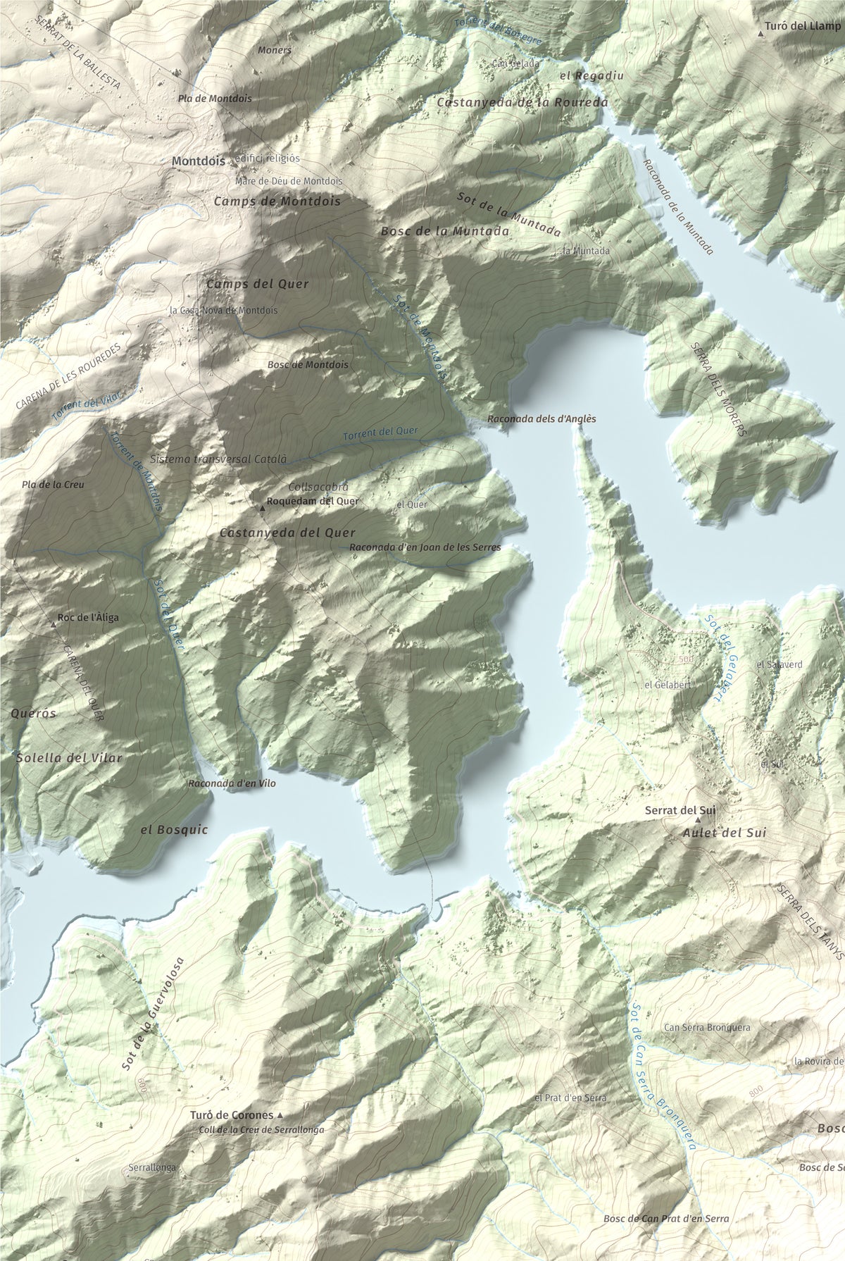 Mapa de relieve de Sant Benet, 1150 m, Selva, lámina 100 Cims de Trobart. Detalle de la zona superior izquierda. 61 × 91 cm.
