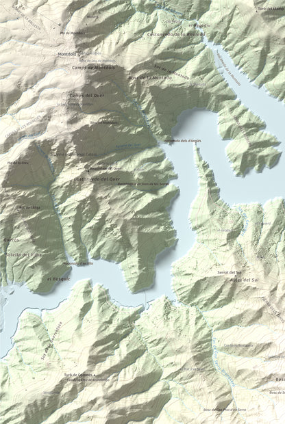 Mapa de relieve de Sant Benet, 1150 m, Selva, lámina 100 Cims de Trobart. Detalle de la zona superior izquierda. 61 × 91 cm.