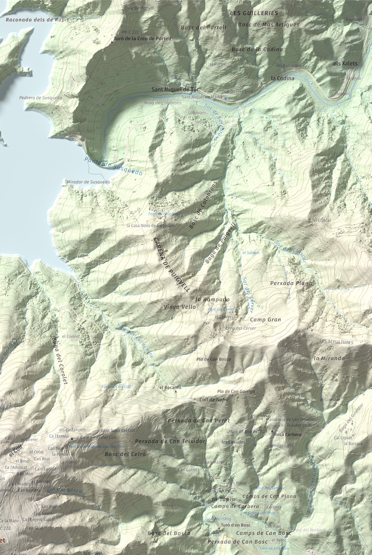 Mapa de relieve de Sant Benet, 1150 m, Selva, lámina 100 Cims de Trobart. Detalle de la zona superior derecha. 61 × 91 cm.