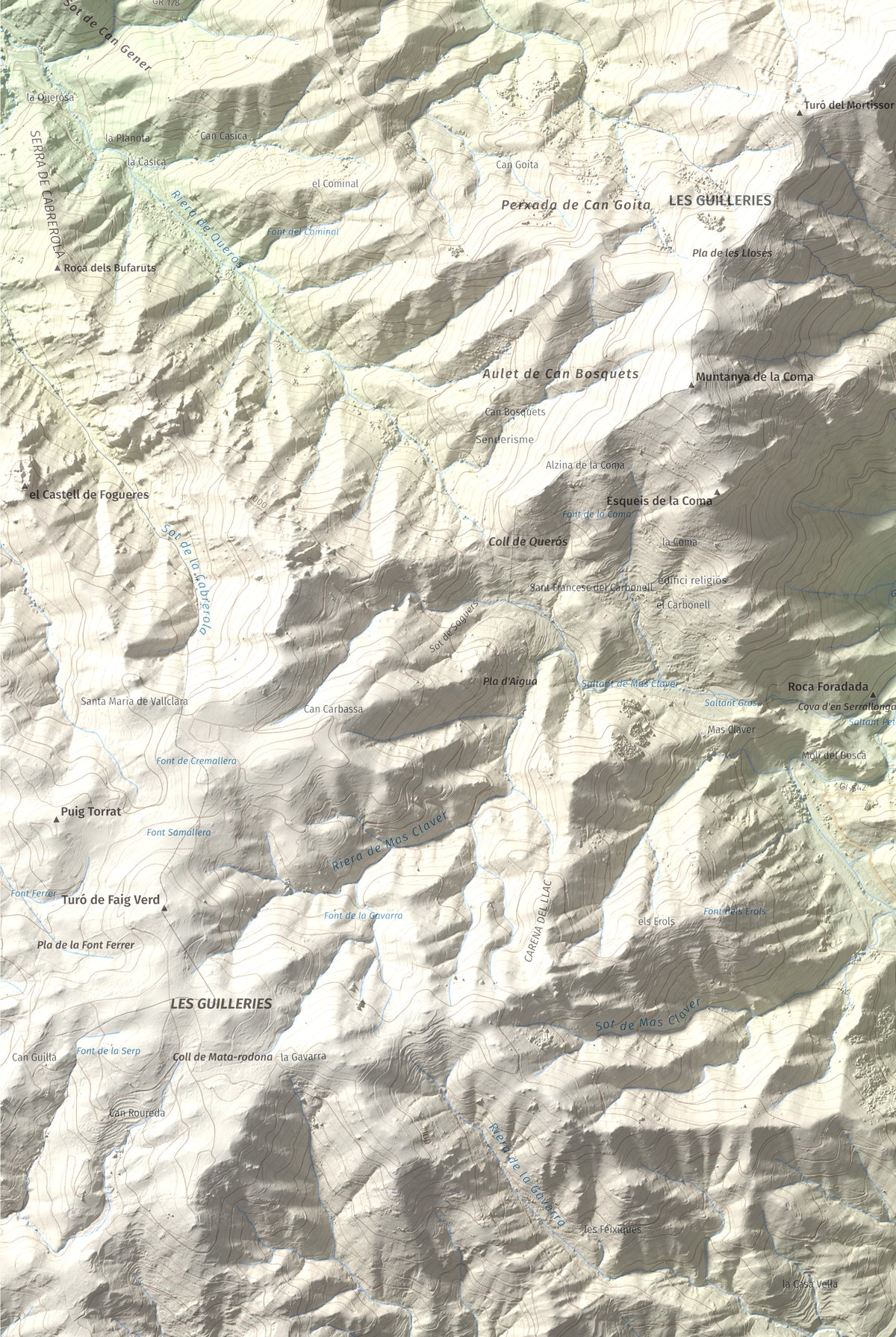 Mapa de relieve de Sant Benet, 1150 m, Selva, lámina 100 Cims de Trobart. Detalle de la zona inferior izquierda. 61 × 91 cm.
