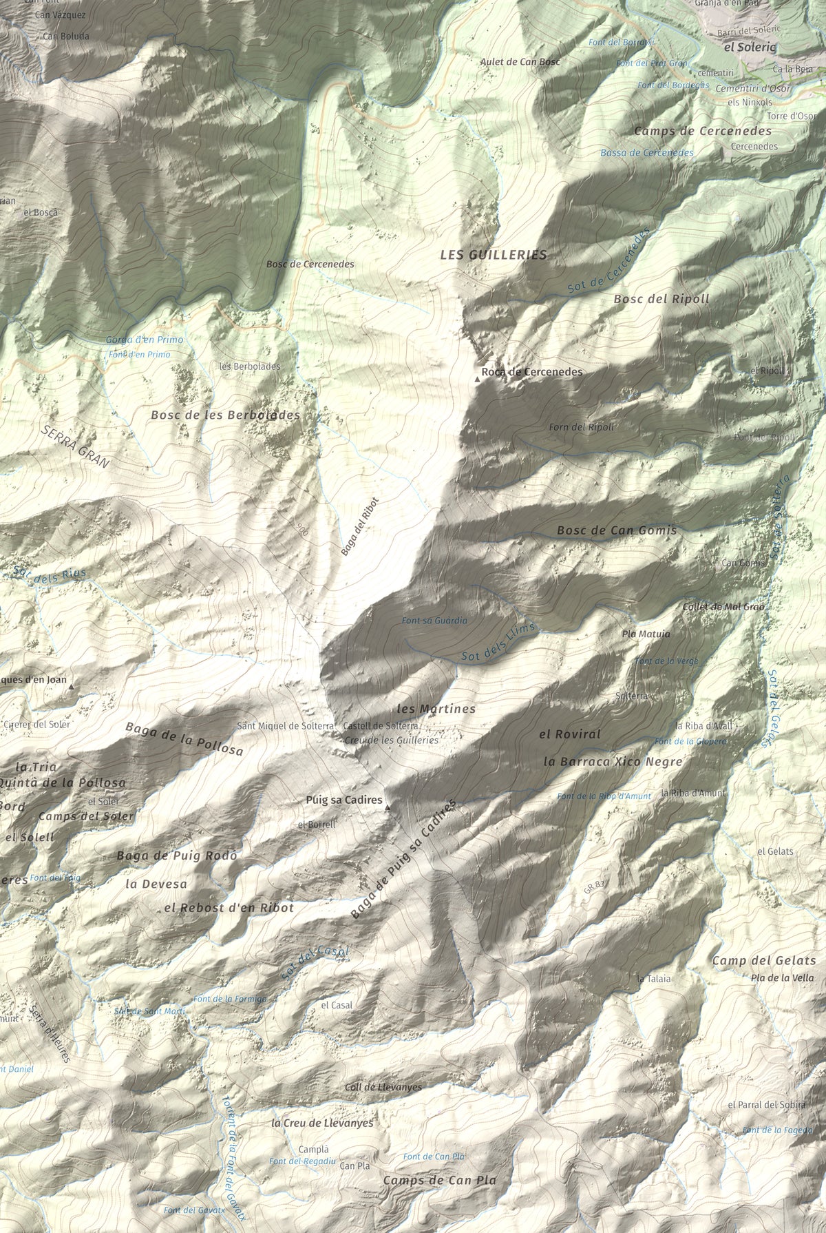 Mapa de relieve de Sant Benet, 1150 m, Selva, lámina 100 Cims de Trobart. Detalle de la zona inferior derecha. 61 × 91 cm.