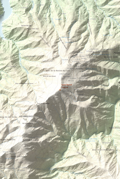 Mapa de relieve de Sant Benet, 1150 m, Selva, lámina 100 Cims de Trobart. Detalle de la zona central. 61 × 91 cm.