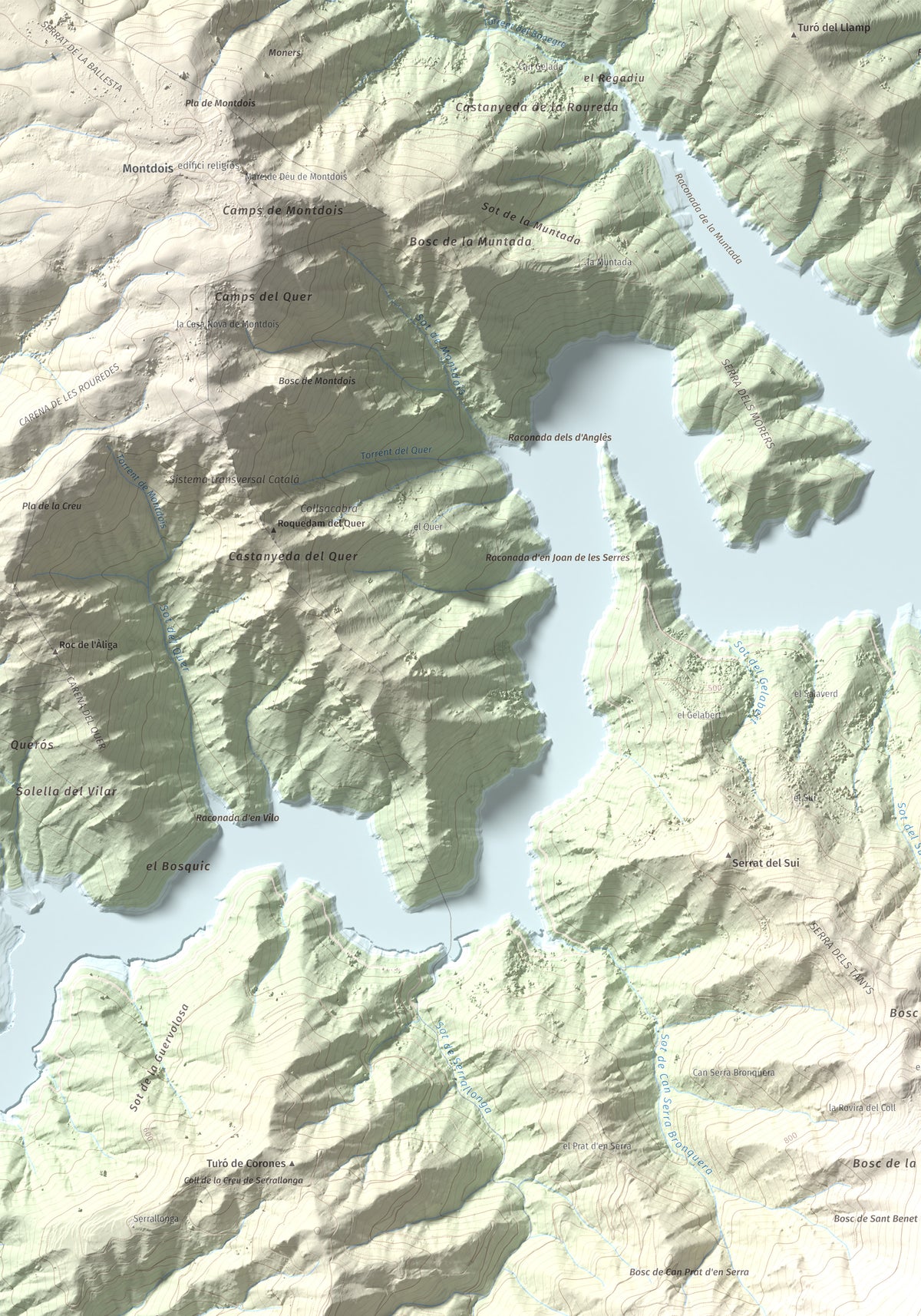 Mapa de relieve de Sant Benet, 1150 m, Selva, lámina 100 Cims de Trobart. Detalle de la zona superior izquierda. 70 × 100 cm.