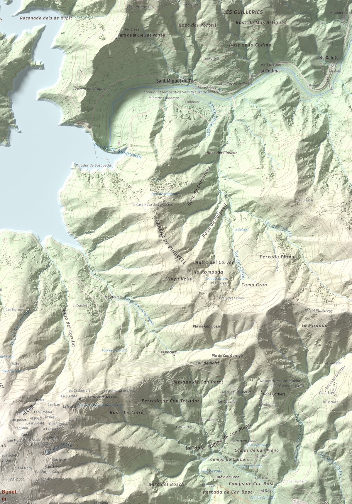 Mapa de relieve de Sant Benet, 1150 m, Selva, lámina 100 Cims de Trobart. Detalle de la zona superior derecha. 70 × 100 cm.