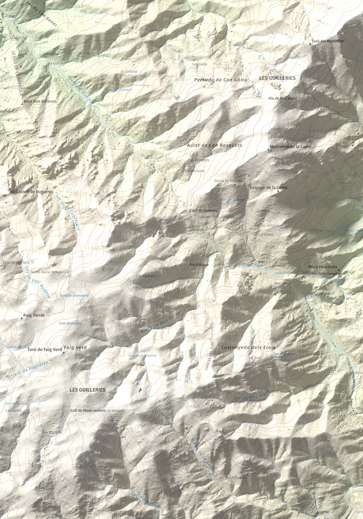 Mapa de relieve de Sant Benet, 1150 m, Selva, lámina 100 Cims de Trobart. Detalle de la zona inferior izquierda. 70 × 100 cm.