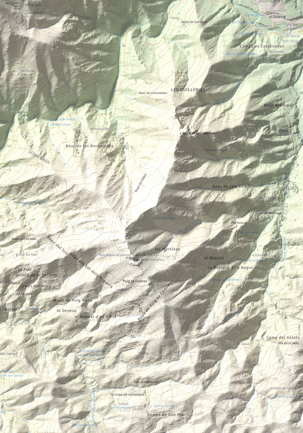 Mapa de relieve de Sant Benet, 1150 m, Selva, lámina 100 Cims de Trobart. Detalle de la zona inferior derecha. 70 × 100 cm.