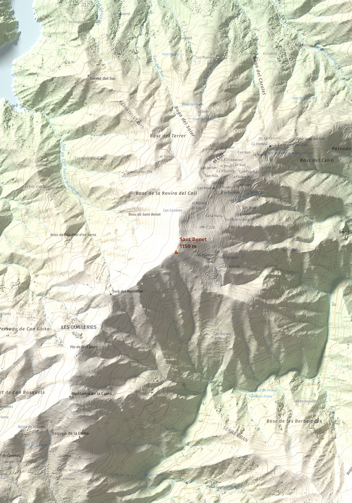 Mapa de relieve de Sant Benet, 1150 m, Selva, lámina 100 Cims de Trobart. Detalle de la zona central. 70 × 100 cm.