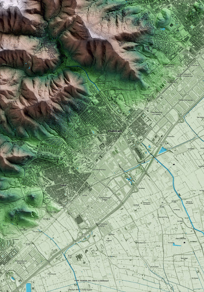 Mapa artístico del relieve de Sant Boi de Llobregat, al Baix Llobregat, con 15 km de entorno y base topográfica ICGC. Detalle de la zona inferior izquierda.