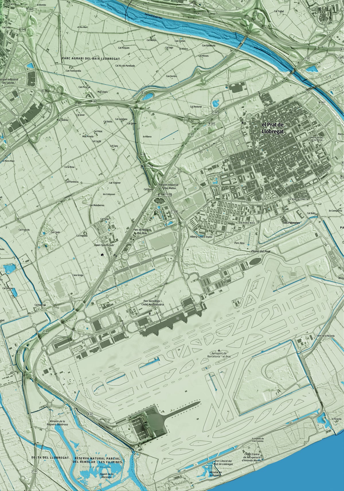 Mapa artístico del relieve de Sant Boi de Llobregat, al Baix Llobregat, con 15 km de entorno y base topográfica ICGC. Detalle de la zona inferior derecha.