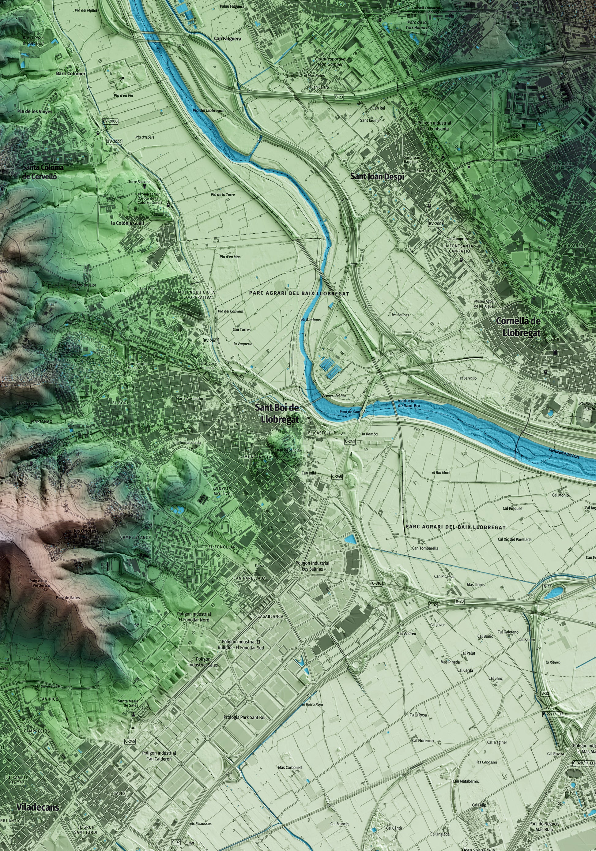 Mapa artístico del relieve de Sant Boi de Llobregat, al Baix Llobregat, con 15 km de entorno y base topográfica ICGC. Detalle de la zona central.