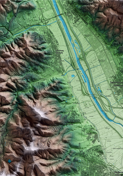 Mapa artístico del relieve de Sant Boi de Llobregat, al Baix Llobregat, con 15 km de entorno y base topográfica ICGC. Detalle de la zona superior izquierda.