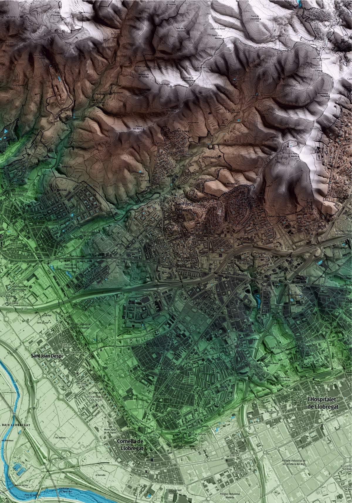 Mapa artístico del relieve de Sant Boi de Llobregat, al Baix Llobregat, con 15 km de entorno y base topográfica ICGC. Detalle de la zona superior derecha.