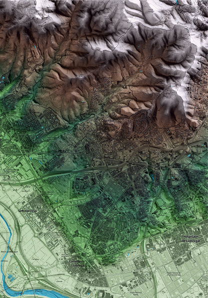Mapa artístico del relieve de Sant Boi de Llobregat, al Baix Llobregat, con 15 km de entorno y base topográfica ICGC. Detalle de la zona superior derecha.