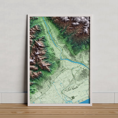 Mapa artístico del relieve de Sant Boi de Llobregat, al Baix Llobregat, con 15 km de entorno y base topográfica ICGC. Presentación enmarcada.