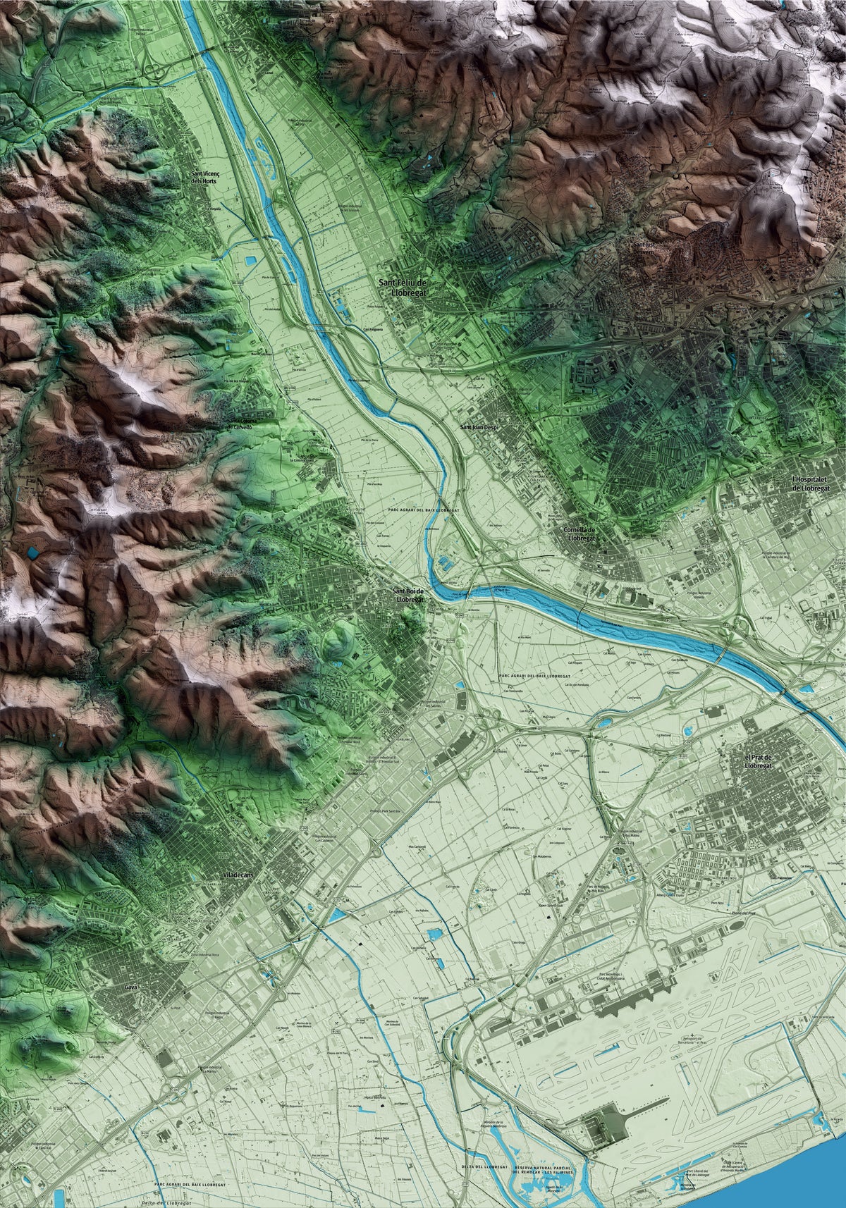 Mapa artístico del relieve de Sant Boi de Llobregat, al Baix Llobregat, con 15 km de entorno y base topográfica ICGC
