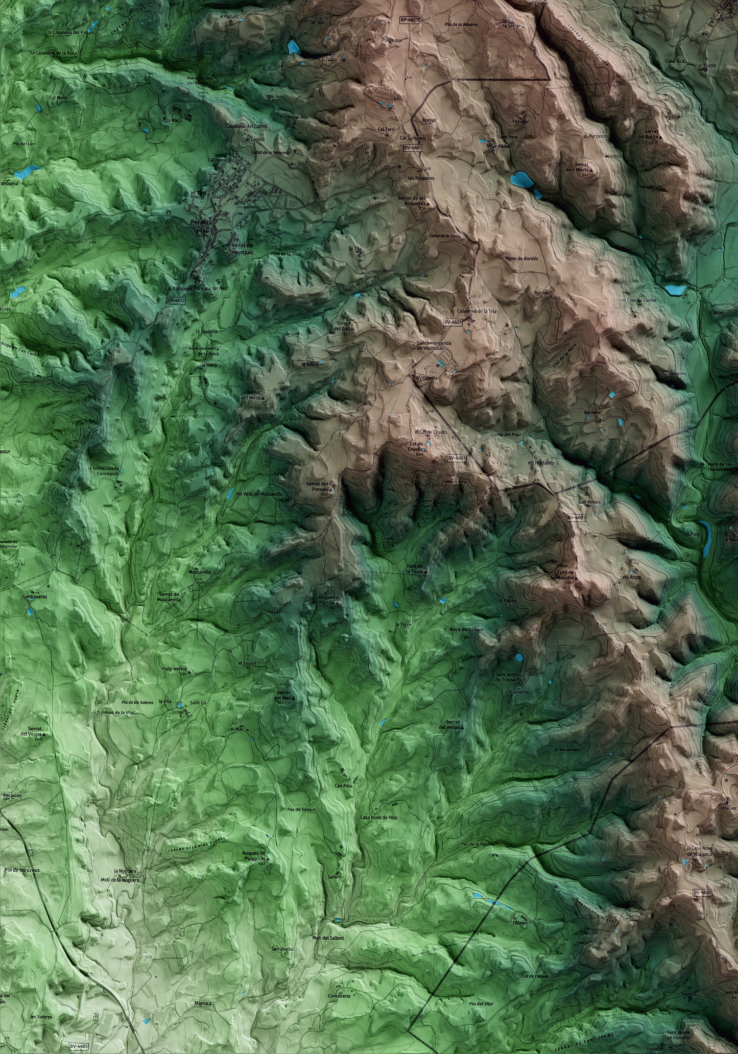 Mapa artístico del relieve de Sant Boi de Lluçanès, a Osona, con 15 km de entorno y base topográfica ICGC. Detalle de la zona inferior izquierda.