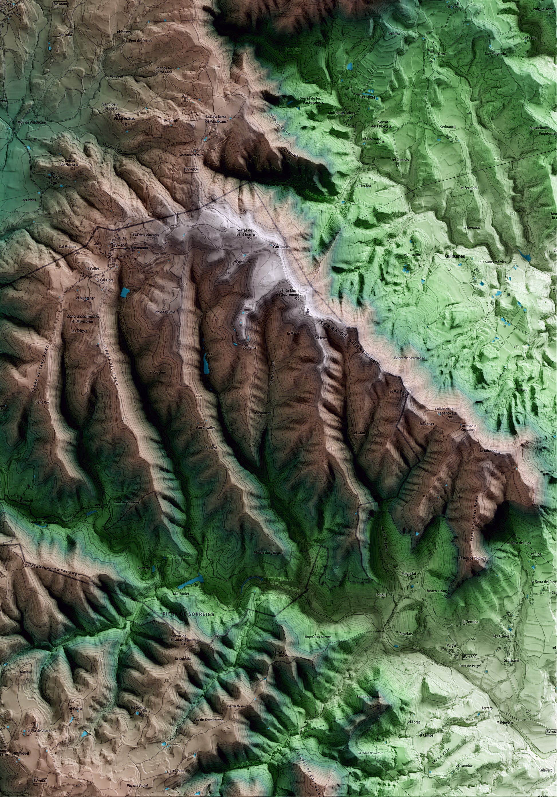 Mapa artístico del relieve de Sant Boi de Lluçanès, a Osona, con 15 km de entorno y base topográfica ICGC. Detalle de la zona inferior derecha.