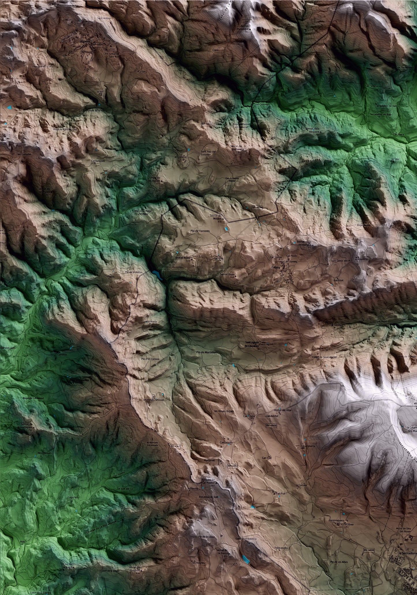 Mapa artístico del relieve de Sant Boi de Lluçanès, a Osona, con 15 km de entorno y base topográfica ICGC. Detalle de la zona superior izquierda.