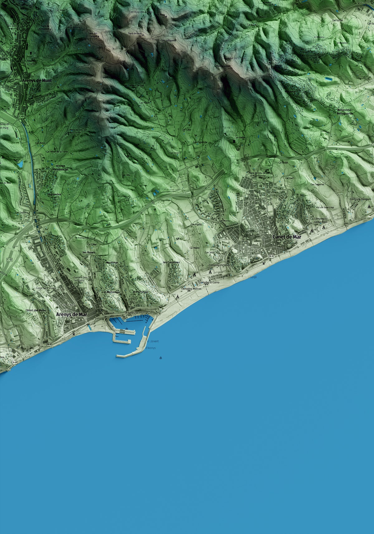Mapa artístico del relieve de Sant Cebrià de Vallalta, al Maresme, con 15 km de entorno y base topográfica ICGC. Detalle de la zona inferior izquierda.