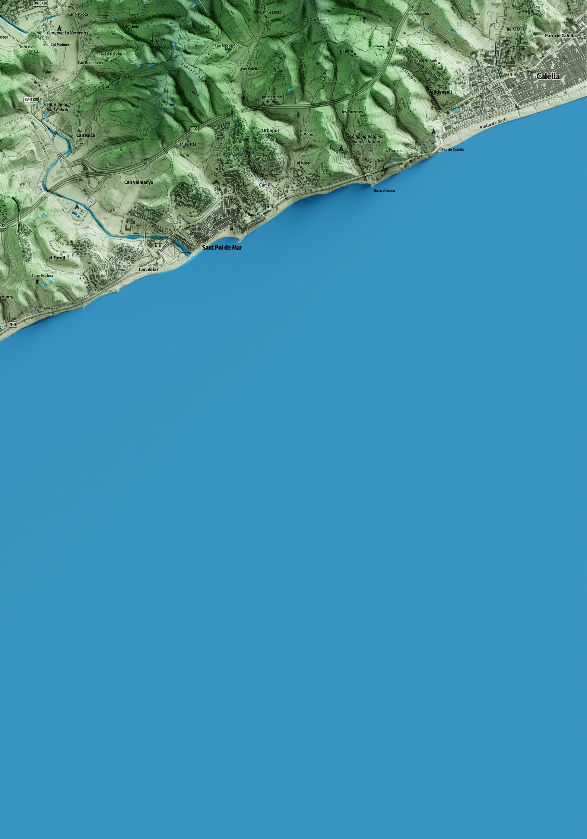 Mapa artístico del relieve de Sant Cebrià de Vallalta, al Maresme, con 15 km de entorno y base topográfica ICGC. Detalle de la zona inferior derecha.