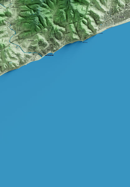 Mapa artístico del relieve de Sant Cebrià de Vallalta, al Maresme, con 15 km de entorno y base topográfica ICGC. Detalle de la zona inferior derecha.