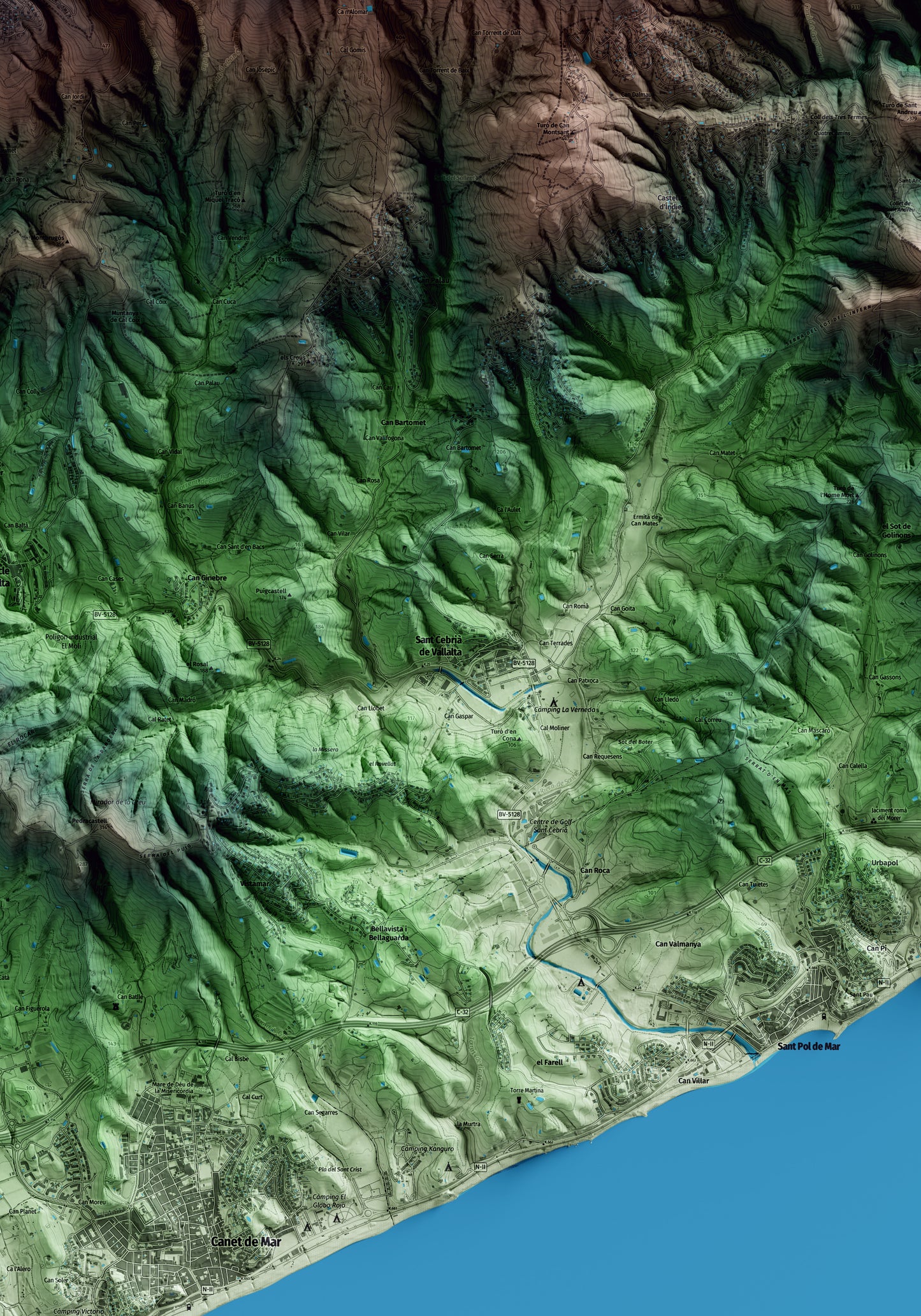 Mapa artístico del relieve de Sant Cebrià de Vallalta, al Maresme, con 15 km de entorno y base topográfica ICGC. Detalle de la zona central.