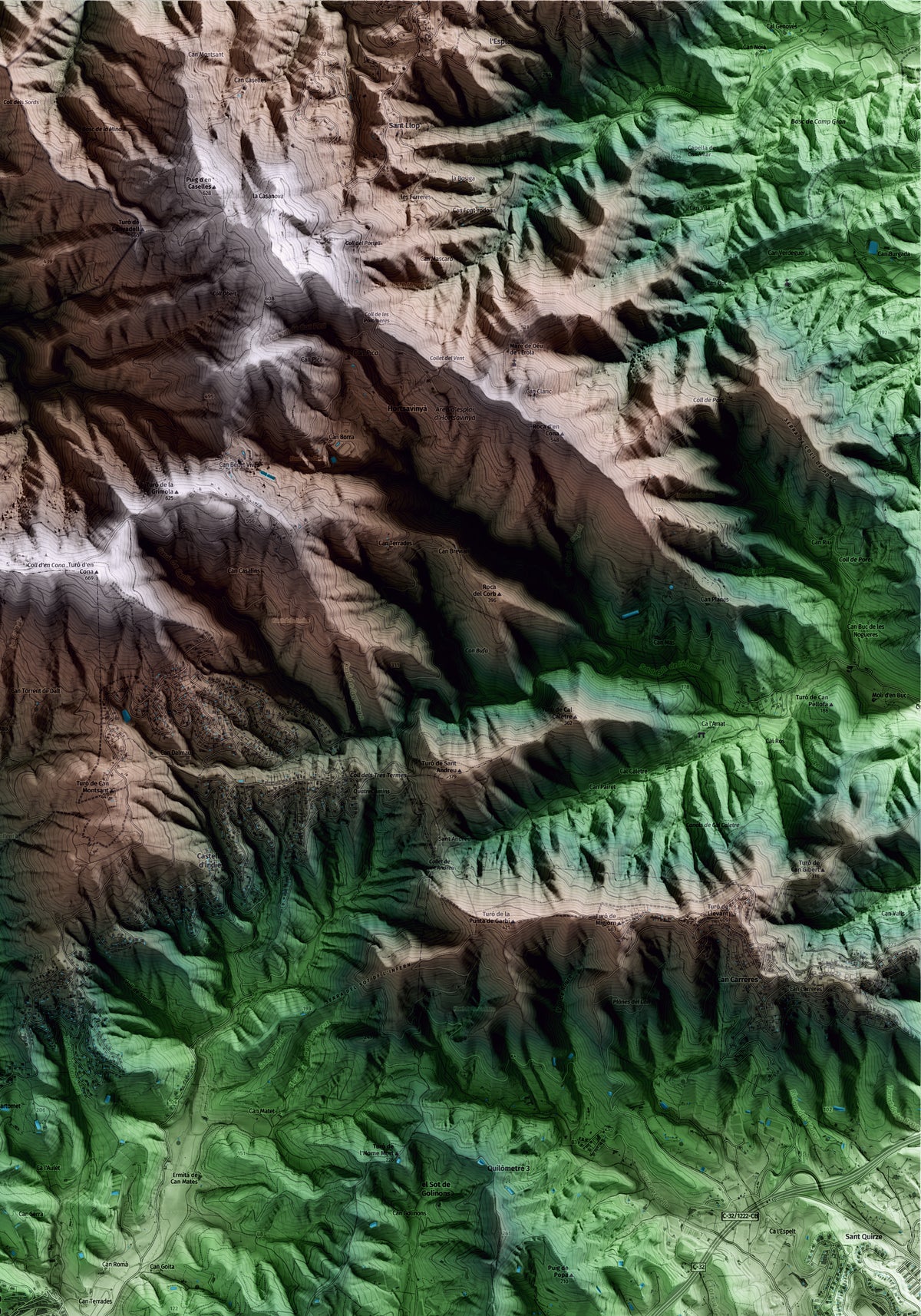 Mapa artístico del relieve de Sant Cebrià de Vallalta, al Maresme, con 15 km de entorno y base topográfica ICGC. Detalle de la zona superior derecha.
