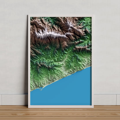 Mapa artístico del relieve de Sant Cebrià de Vallalta, al Maresme, con 15 km de entorno y base topográfica ICGC. Presentación enmarcada.