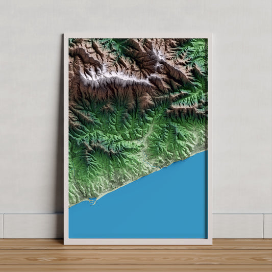 Mapa artístico del relieve de Sant Cebrià de Vallalta, al Maresme, con 15 km de entorno y base topográfica ICGC. Presentación enmarcada.