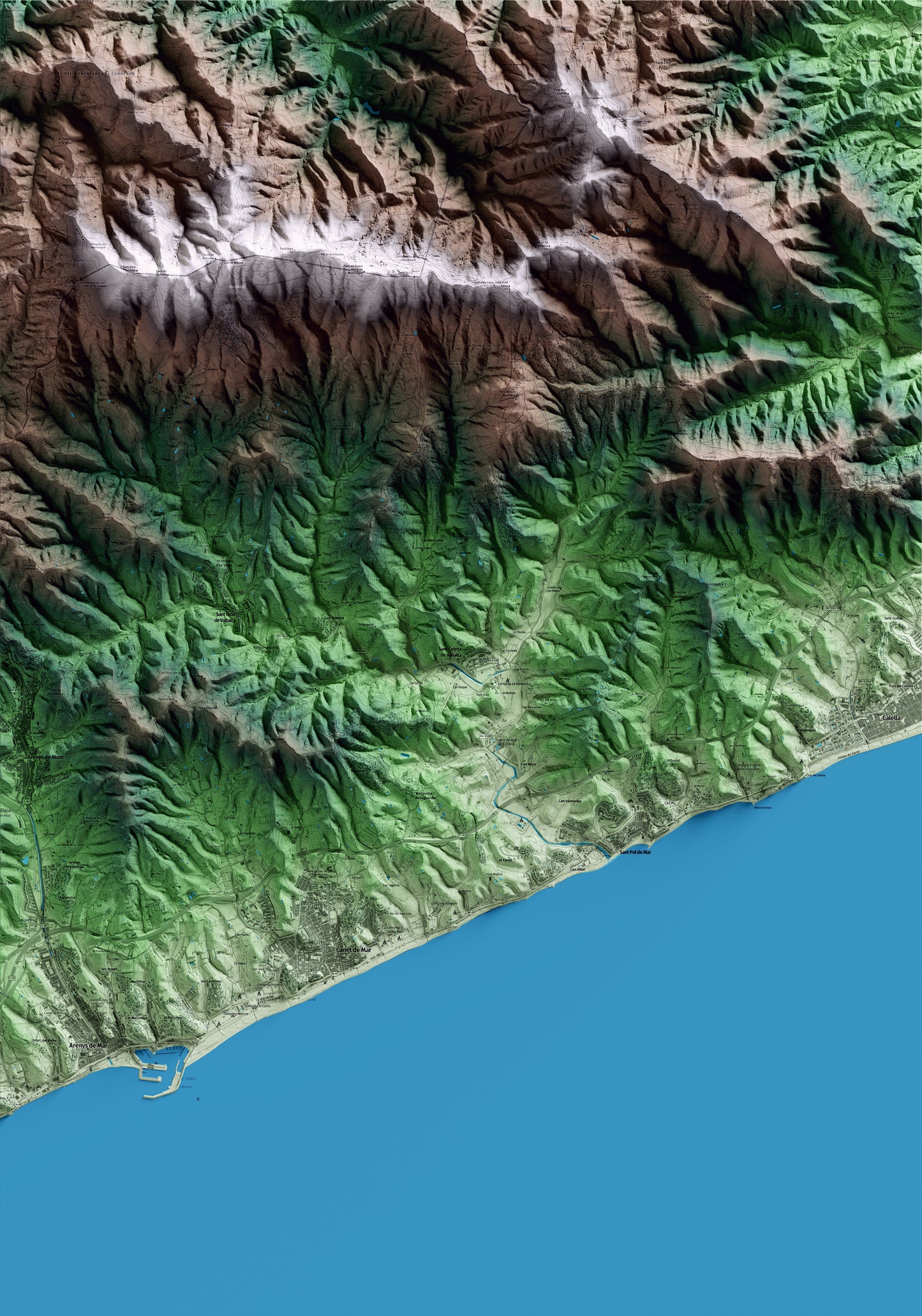 Mapa artístico del relieve de Sant Cebrià de Vallalta, al Maresme, con 15 km de entorno y base topográfica ICGC