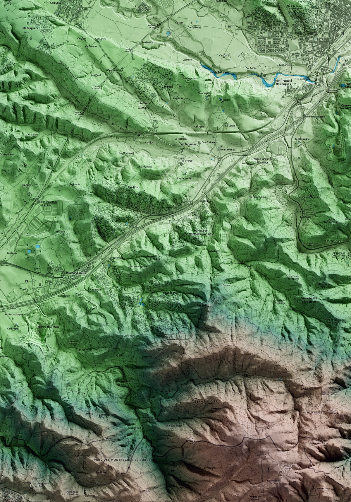 Mapa artístico del relieve de Sant Celoni, al Vallès Oriental, con 15 km de entorno y base topográfica ICGC. Detalle de la zona inferior izquierda.