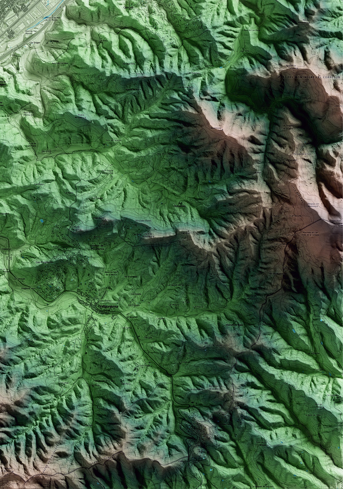 Mapa artístico del relieve de Sant Celoni, al Vallès Oriental, con 15 km de entorno y base topográfica ICGC. Detalle de la zona inferior derecha.