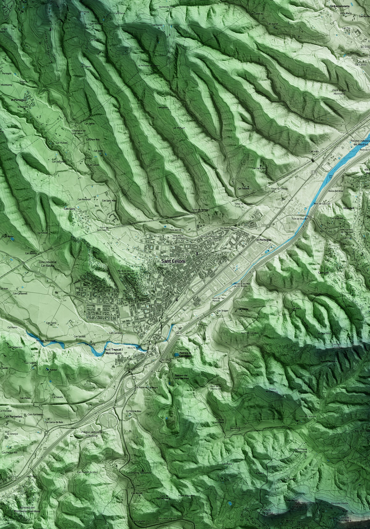 Mapa artístico del relieve de Sant Celoni, al Vallès Oriental, con 15 km de entorno y base topográfica ICGC. Detalle de la zona central.