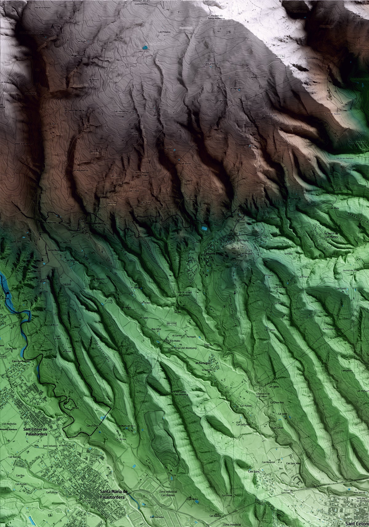 Mapa artístico del relieve de Sant Celoni, al Vallès Oriental, con 15 km de entorno y base topográfica ICGC. Detalle de la zona superior izquierda.