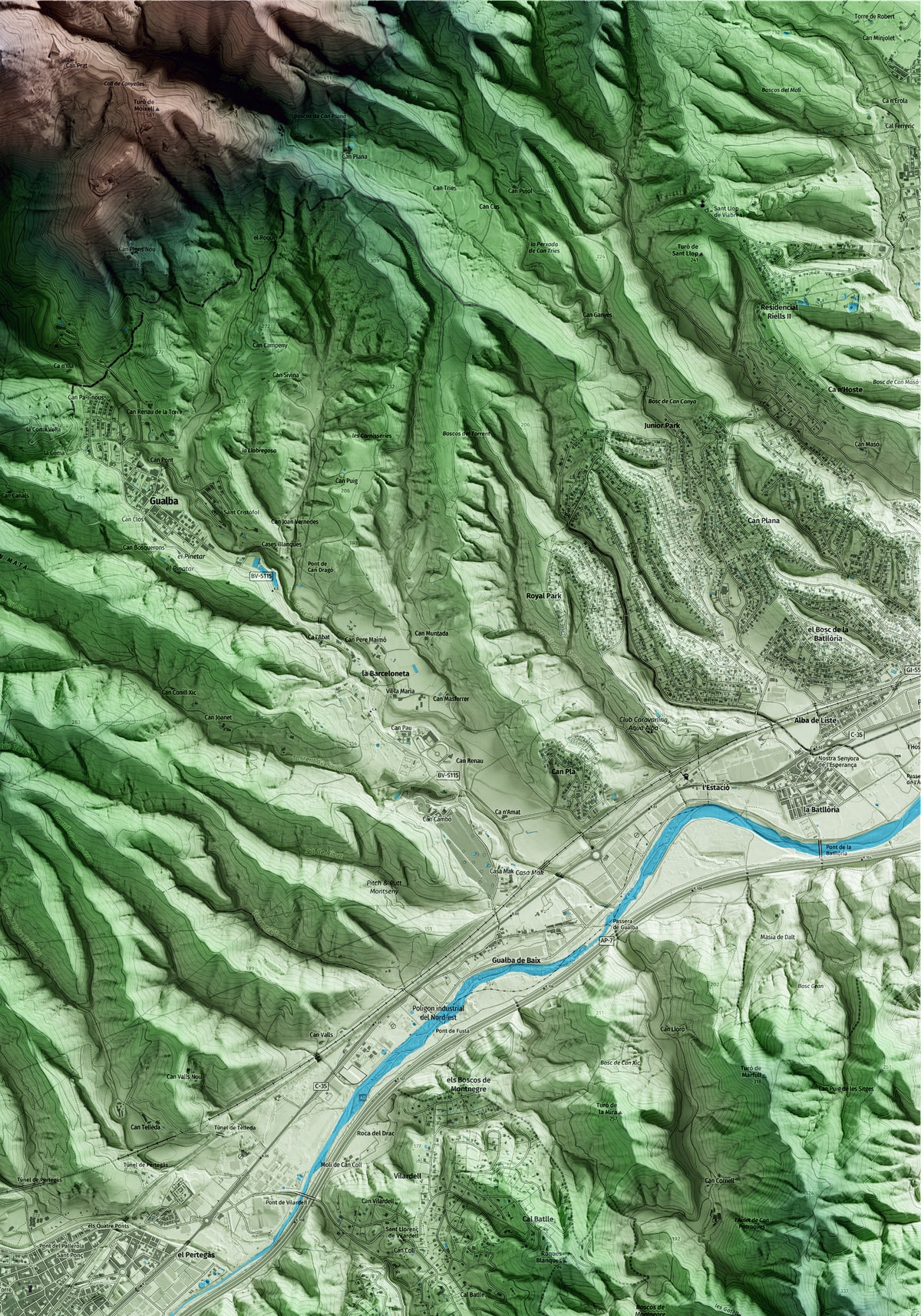 Mapa artístico del relieve de Sant Celoni, al Vallès Oriental, con 15 km de entorno y base topográfica ICGC. Detalle de la zona superior derecha.