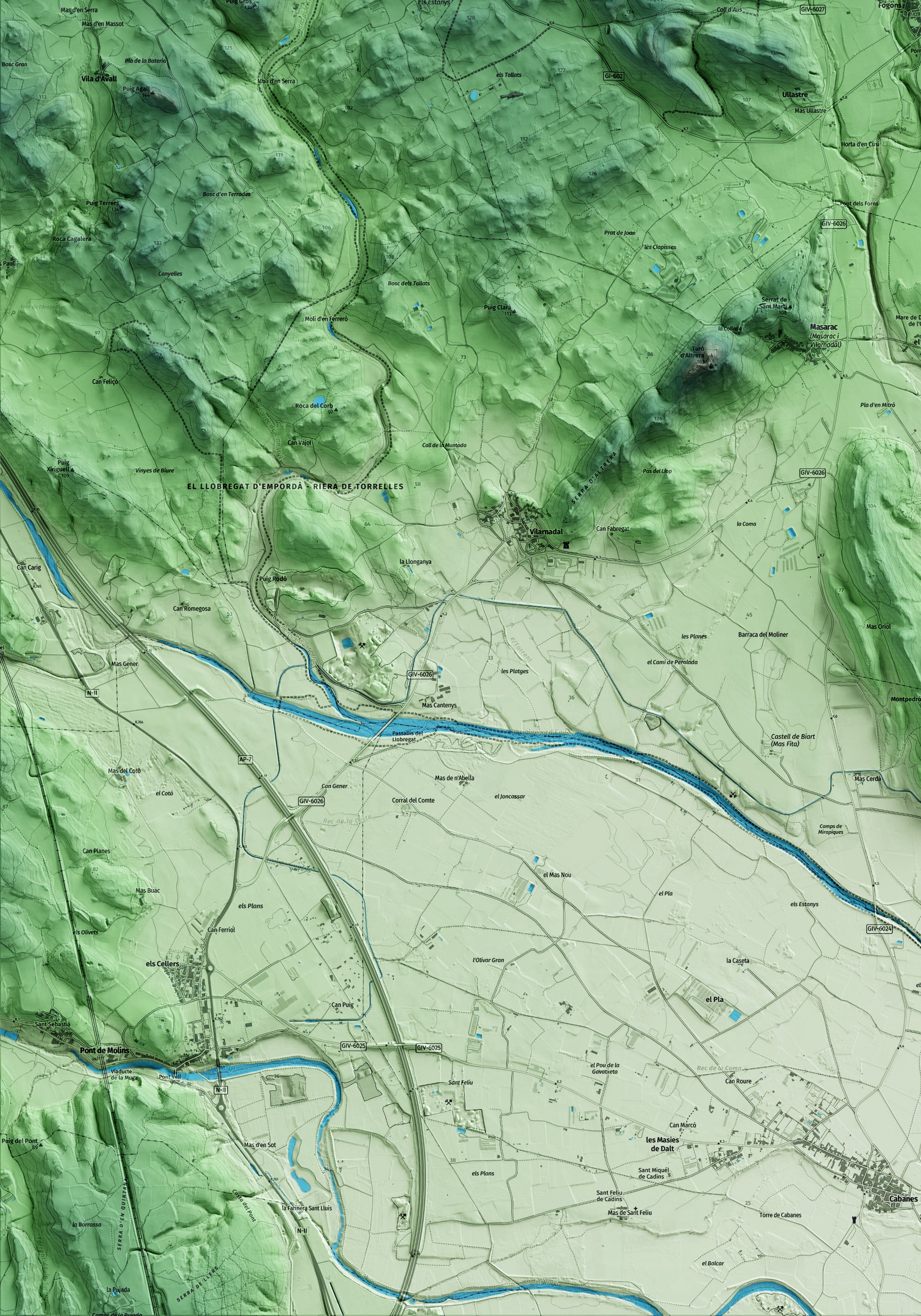Mapa artístico del relieve de Sant Climent Sescebes, al Alt Empordà, con 15 km de entorno y base topográfica ICGC. Detalle de la zona inferior izquierda.